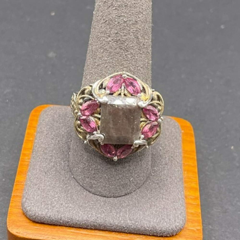 Sterling Silver 925 Smoky Quartz Pink Marquise Accent Floral Ring Size 10